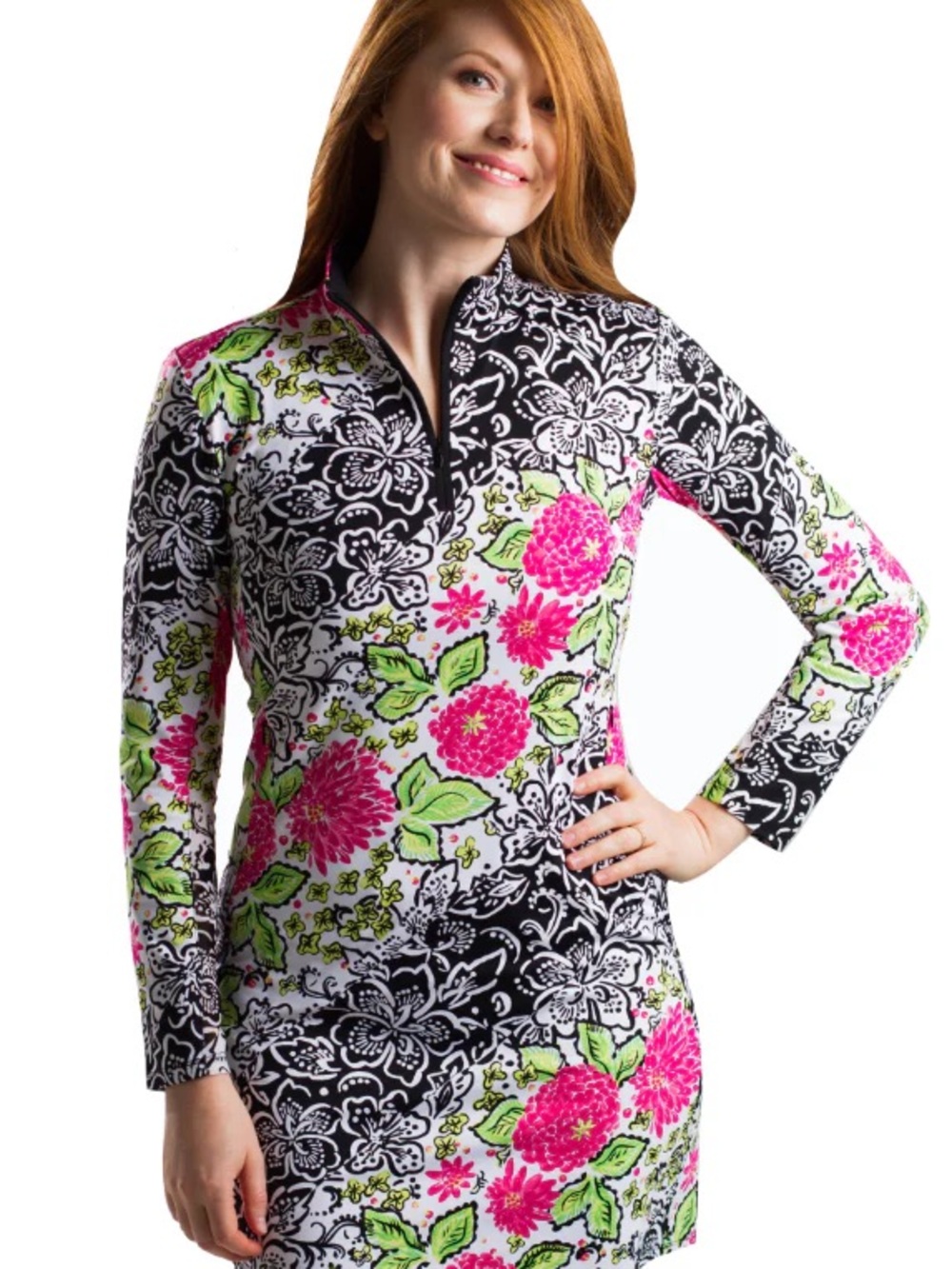 Women's Pink Floral Long-Sleeve One-Piece Swim Dress